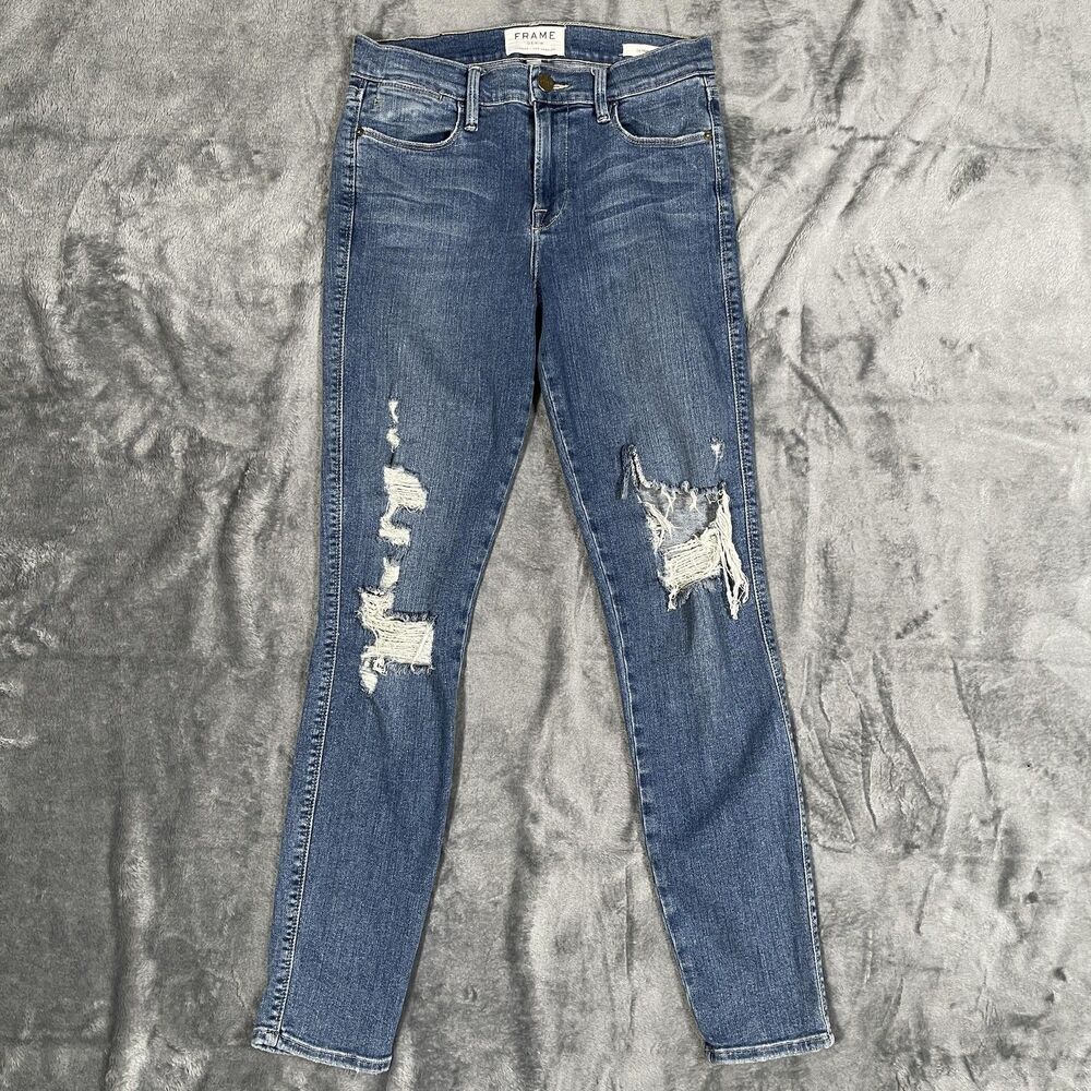 FRAME Le High Skinny Jeans Womens 26 Blue Distressed High Rise Stretch